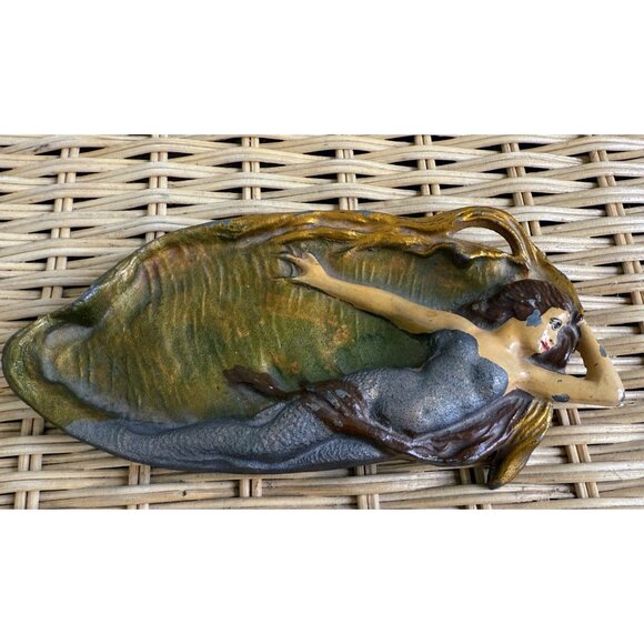 Antique 1910s Cast Metal Mermaid Trinket Pin Dish Detailed Painted
